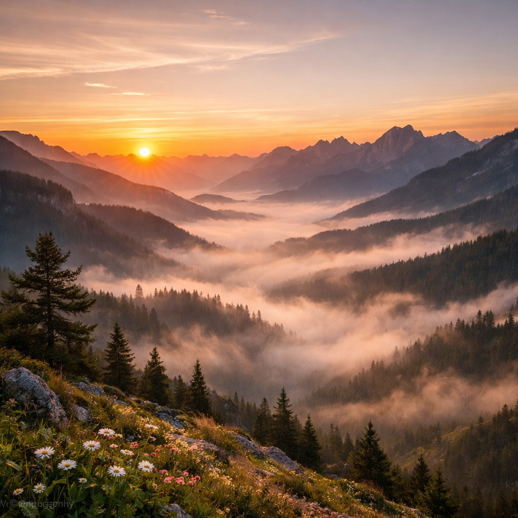 Sunrise over a foggy mountain valley with wildflowers and pine trees